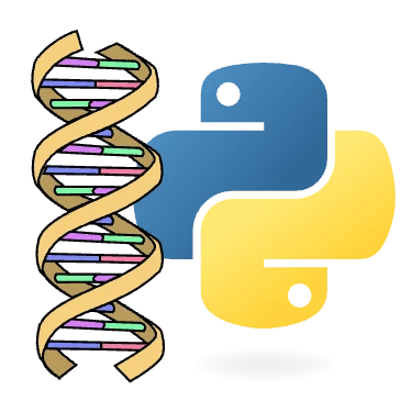 DNA double helix to the left and Python logo to the right